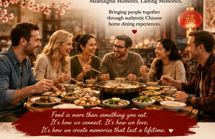 Friends and family sharing a warm Chinese meal around the table