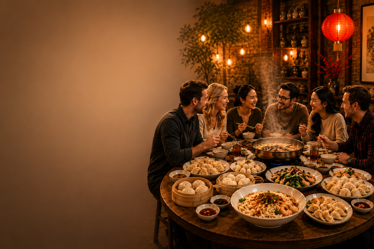 Friends sharing a warm Chinese dinner around a round table